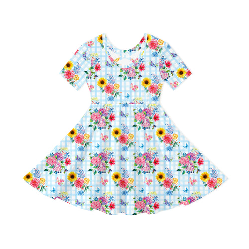 Kids Gingham Garden Bouquet Bamboo Short Sleeves Dress