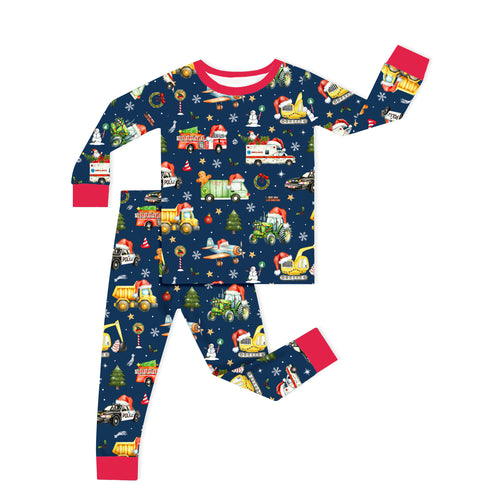 Bamboo Kids Two-Piece Pajama Set Christmas Winter Trucks Ride Adventure Red