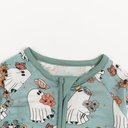 Halloween Green Ghost Flowers Baby Bamboo Zipper Romper Pajamas