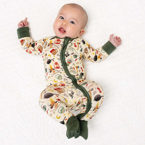 Outdoor Camping Print Bamboo Zipper Romper Pajamas
