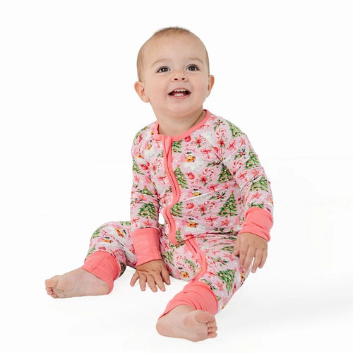 Bamboo Baby Zipper Romper Pajama Santa Claus Christmas Tree Pink