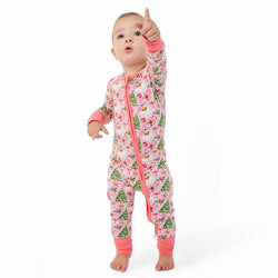 Bamboo Baby Zipper Romper Pajama Santa Claus Christmas Tree Pink