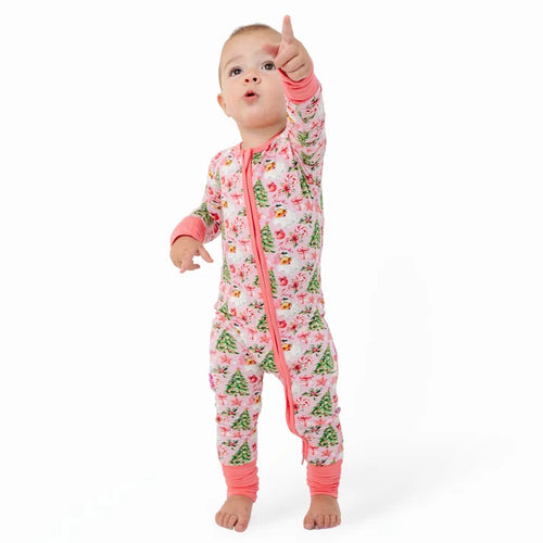 Bamboo Baby Zipper Romper Pajama Santa Claus Christmas Tree Pink