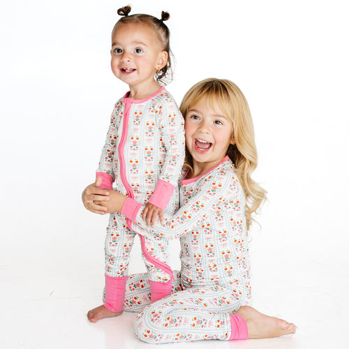 Pink Flower Stripes Bamboo Zipper Romper Pajamas