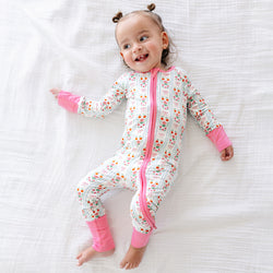 Pink Flower Stripes Bamboo Zipper Romper Pajamas