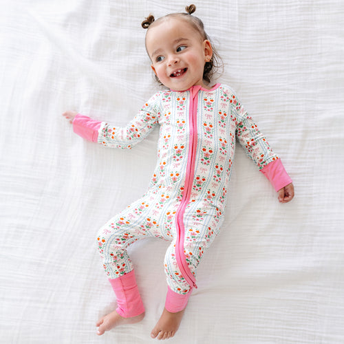 Pink Flower Stripes Bamboo Zipper Romper Pajamas