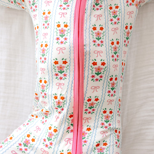 Pink Flower Stripes Bamboo Zipper Romper Pajamas