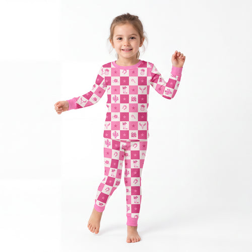 Bamboo Kids Two-Piece Pajama Set Christmas Cowgirl Checkerboard
