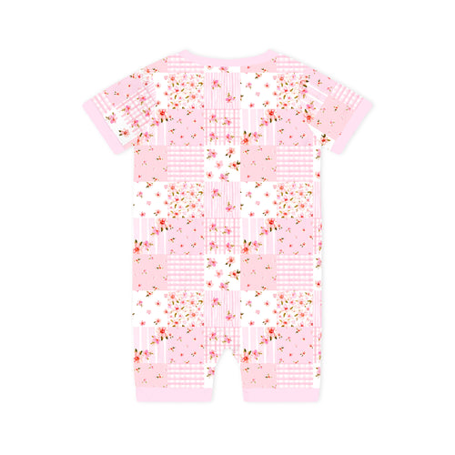 Baby Valentine Floral Quilt Short Bamboo Zipper Romper