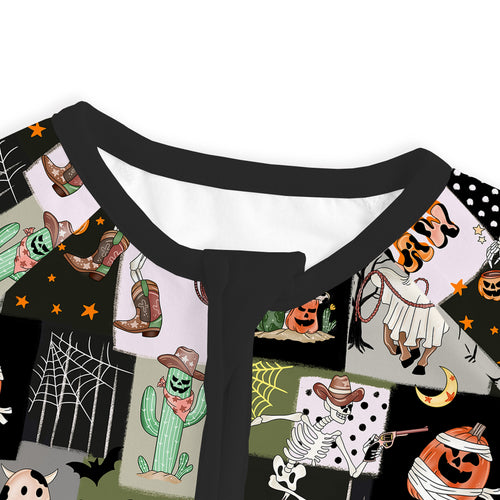 Halloween Western Cowboy Patchwork Baby Bamboo Zipper Pajama Romper