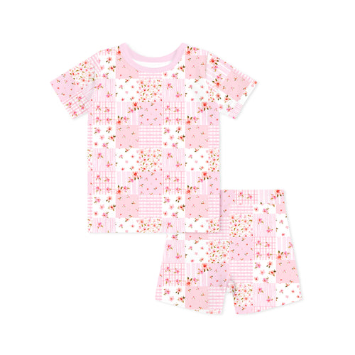 Valentine Floral Quilt Kids Bamboo Two-Piece Pajama Short Sleeve Set