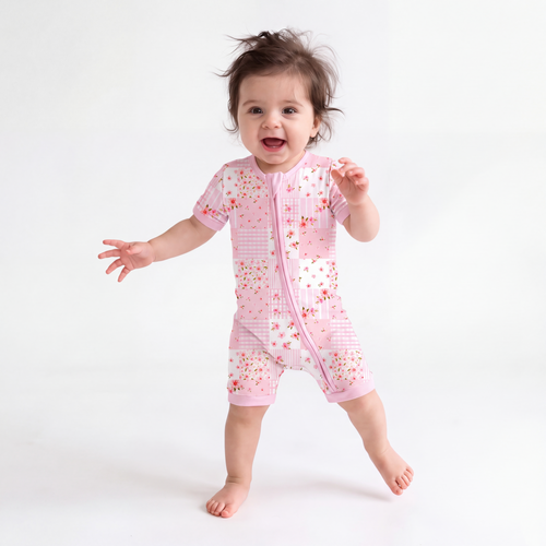 Baby Valentine Floral Quilt Short Bamboo Zipper Romper