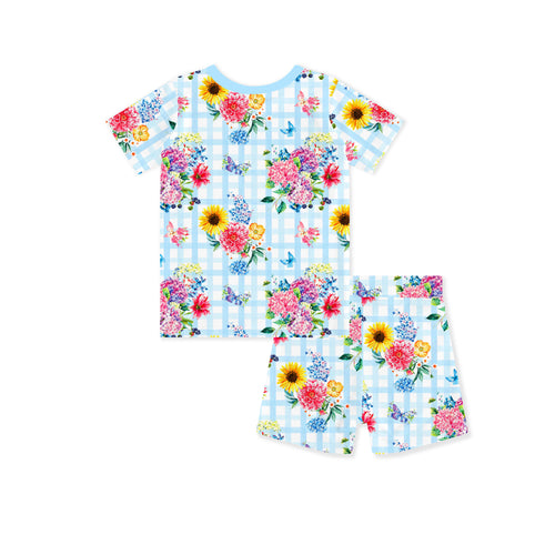 Gingham Garden Bouquet Kids Bamboo Two-Piece Pajama Short Sleeve Set