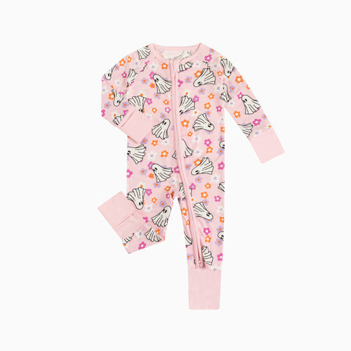 Halloween Pink Ghost Flowers Baby Bamboo Zipper Romper Pajamas