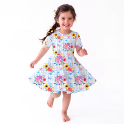 Kids Gingham Garden Bouquet Bamboo Short Sleeves Dress