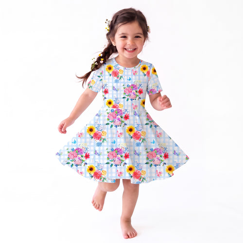Kids Gingham Garden Bouquet Bamboo Short Sleeves Dress