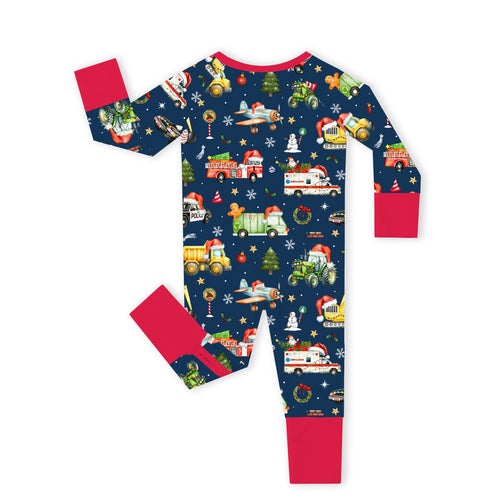 Bamboo Baby Zipper Romper Pajama Christmas Winter Trucks Ride Adventure Red