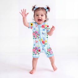 Baby Gingham Garden Bouquet Short Bamboo Zipper Romper