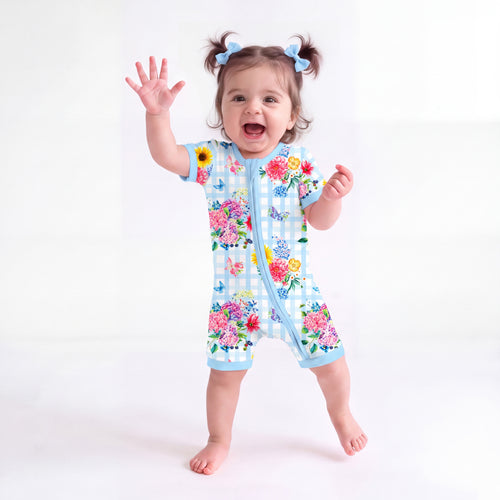 Baby Gingham Garden Bouquet Short Bamboo Zipper Romper