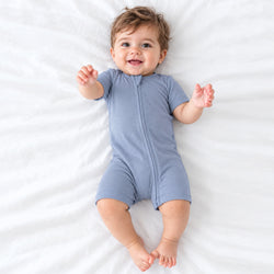 Baby Greyish Misty Blue Bamboo Zipper Shorty Romper