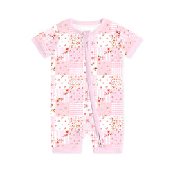 Baby Valentine Floral Quilt Short Bamboo Zipper Romper