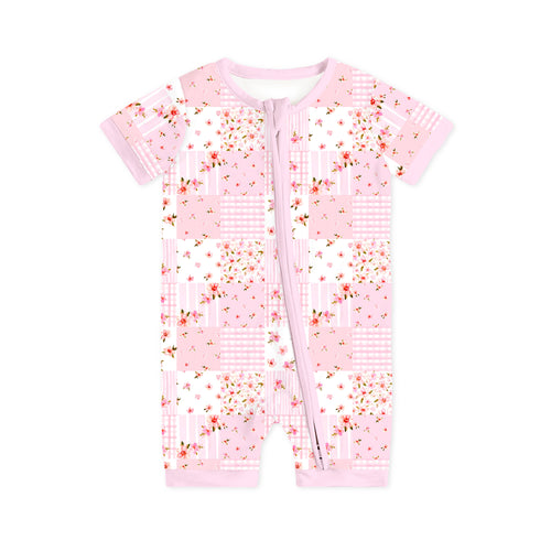 Baby Valentine Floral Quilt Short Bamboo Zipper Romper