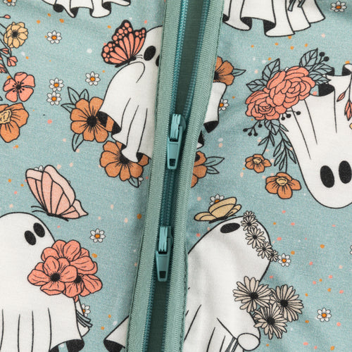 Halloween Green Ghost Flowers Baby Bamboo Zipper Romper Pajamas