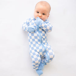 Blue Checkerboard Design Bamboo Zipper Romper Pajamas