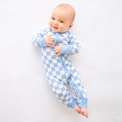 Blue Checkerboard Design Bamboo Zipper Romper Pajamas