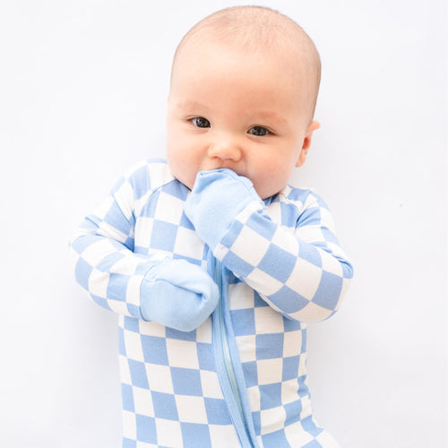 Blue Checkerboard Design Bamboo Zipper Romper Pajamas