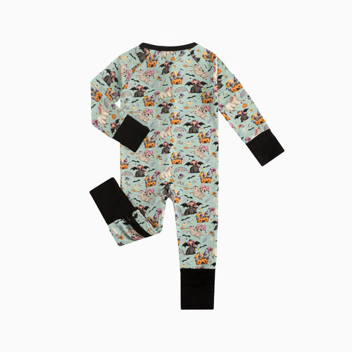Halloween Witch Pumpkin Castle Baby Bamboo Zipper Romper Pajamas