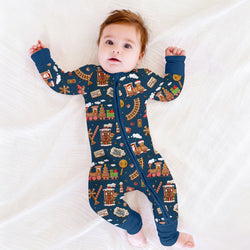 Bamboo Baby Zipper Romper Pajama Christmas Gingerbread Train Navy