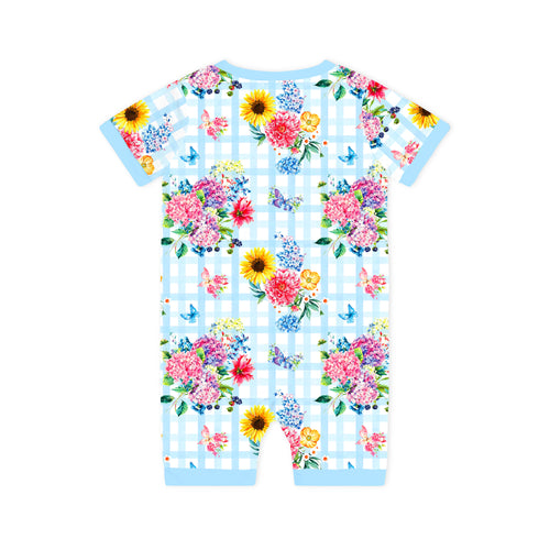Baby Gingham Garden Bouquet Short Bamboo Zipper Romper