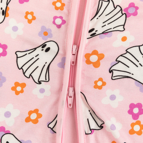 Halloween Pink Ghost Flowers Baby Bamboo Zipper Romper Pajamas