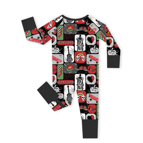 Halloween Spooky Skate Patchwork Baby Bamboo Zipper Pajama Romper