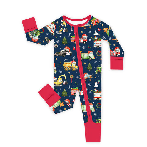Bamboo Baby Zipper Romper Pajama Christmas Winter Trucks Ride Adventure Red