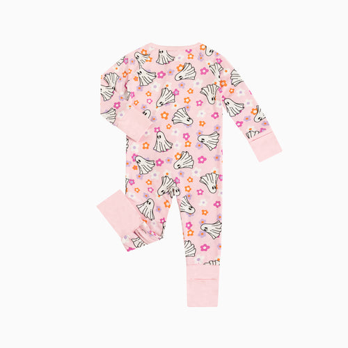 Halloween Pink Ghost Flowers Baby Bamboo Zipper Romper Pajamas