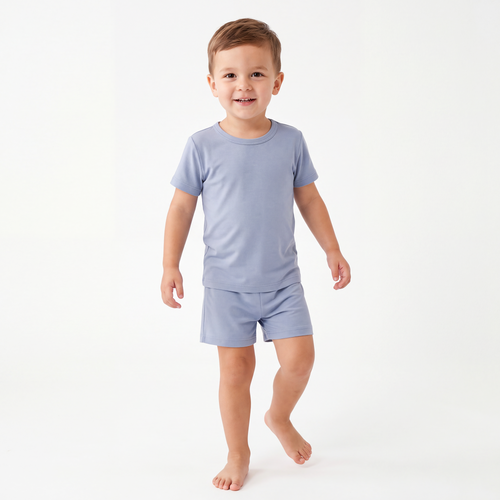 Kids Greyish Misty Blue Bamboo Two-Piece Pajama Short Set