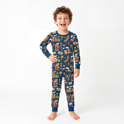 Bamboo Kids Two-Piece Pajama Set Christmas Gingerbread Train Navy