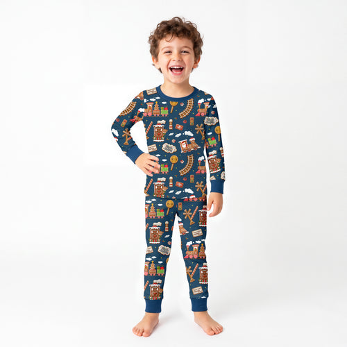 Bamboo Kids Two-Piece Pajama Set Christmas Gingerbread Train Navy
