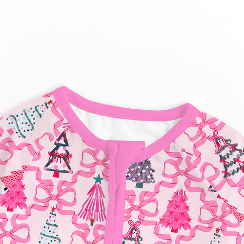 Bamboo Baby Zipper Romper Pajama Christmas Coquette Bow Trees