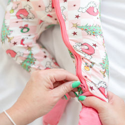 Christmas Pink Plaid Christmas Tree Bamboo Zipper Romper Pajamas