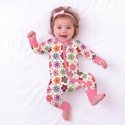 Groovy Daisy Power Pink Bamboo Zipper Pajama Romper