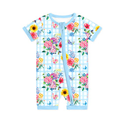 Baby Gingham Garden Bouquet Short Bamboo Zipper Romper