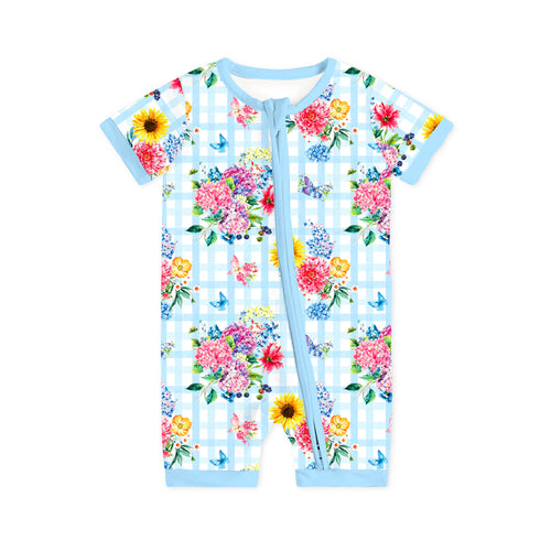 Baby Gingham Garden Bouquet Short Bamboo Zipper Romper