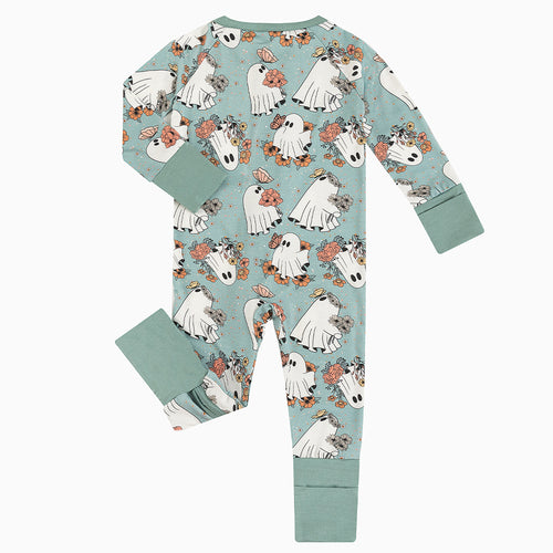 Halloween Green Ghost Flowers Baby Bamboo Zipper Romper Pajamas