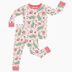 Bamboo Kids Two-Piece Pajama Set Pink Plaid Christmas Tree