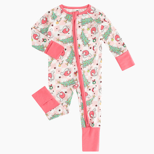 Christmas Pink Plaid Christmas Tree Bamboo Zipper Romper Pajamas