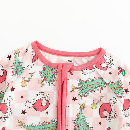 Christmas Pink Plaid Christmas Tree Bamboo Zipper Romper Pajamas