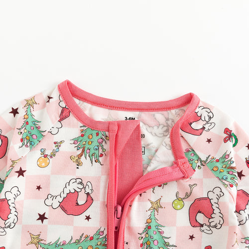 Christmas Pink Plaid Christmas Tree Bamboo Zipper Romper Pajamas